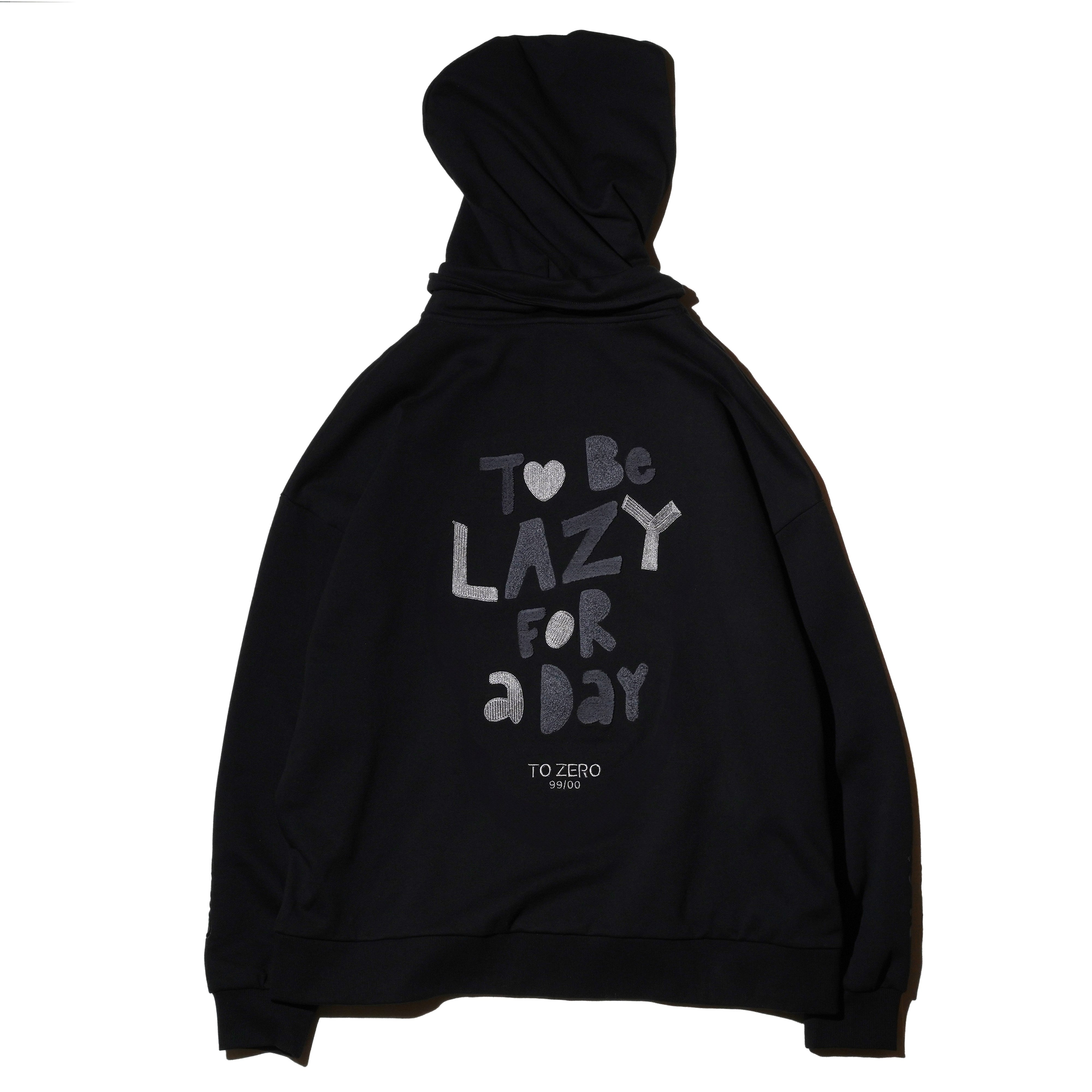 'TO BE LAZY FOR A DAY' 刺繡拉鏈連帽外套 (黑色)
