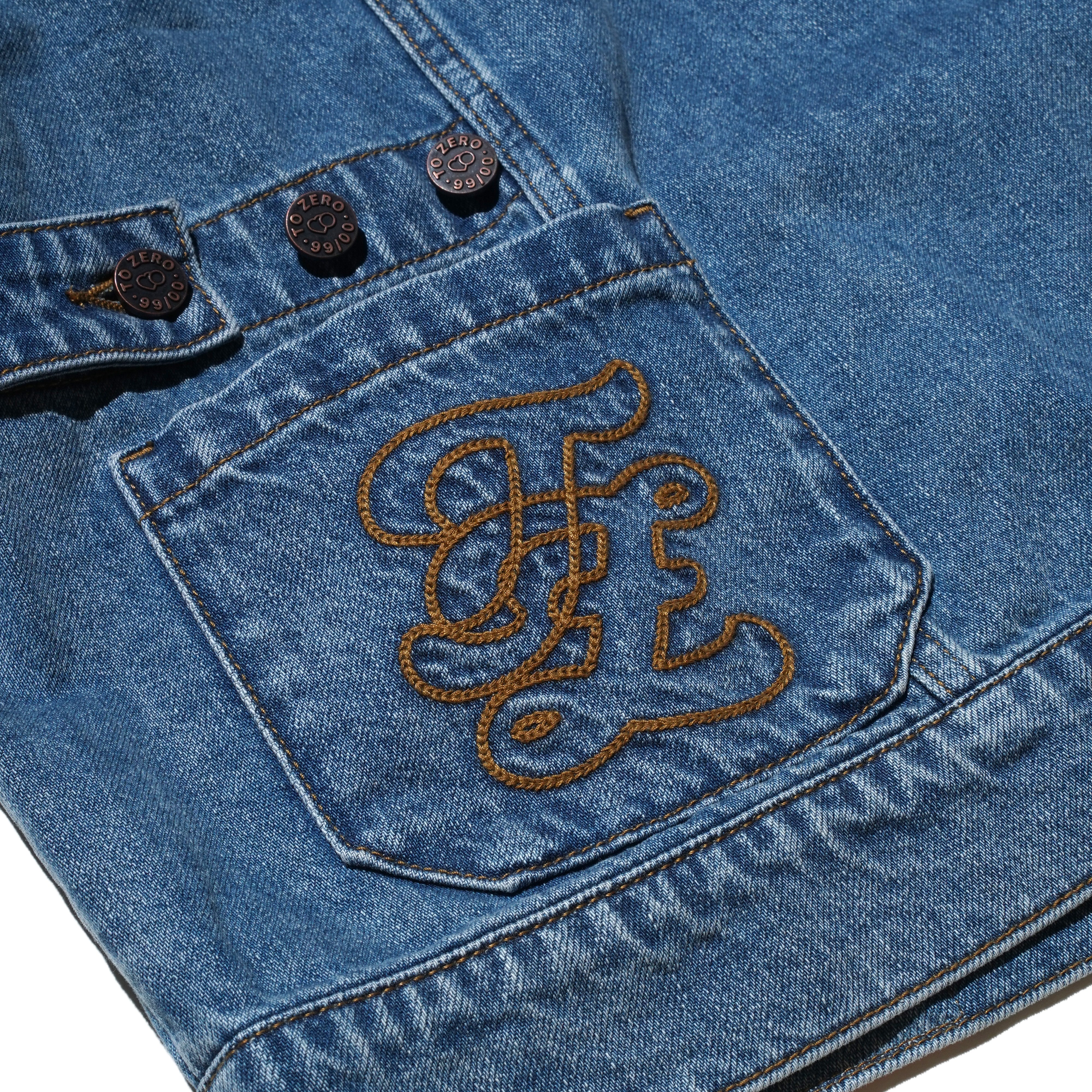 TO ZERO 'NOT A JEANS' LEATHER PATCH V-NECK DENIM GILET