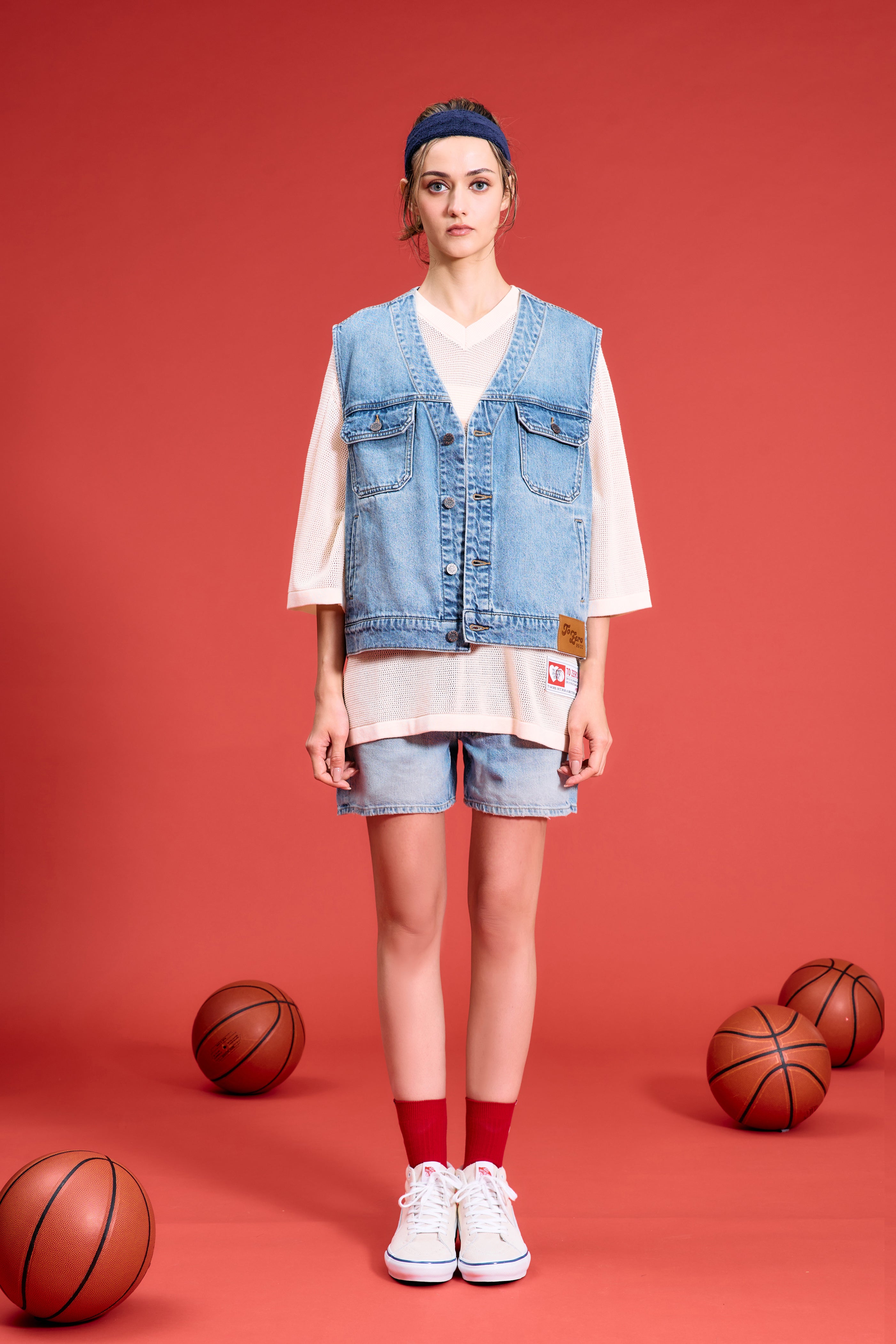 TO ZERO 'NOT A JEANS' LEATHER PATCH V-NECK DENIM GILET
