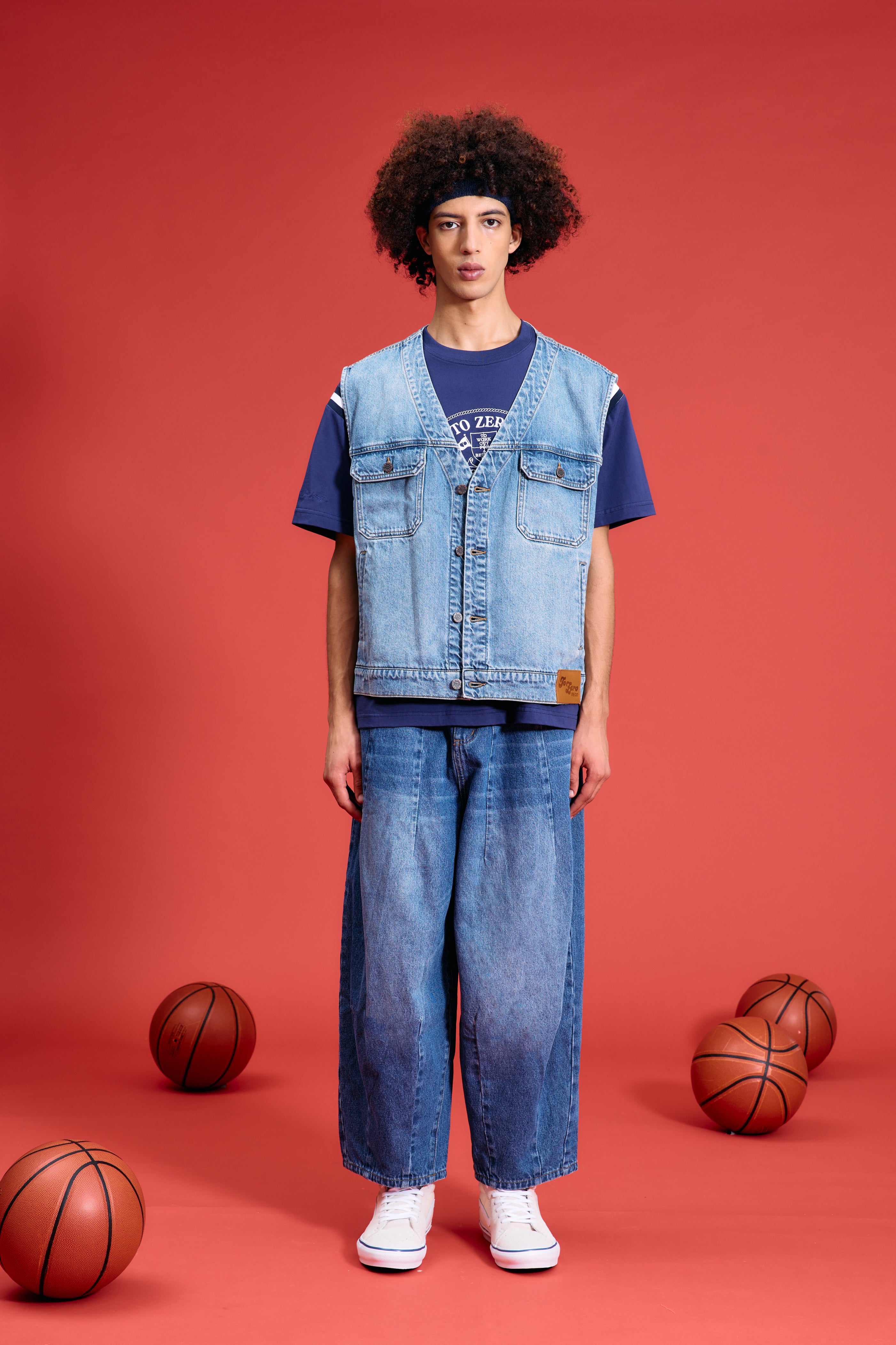 TO ZERO 'NOT A JEANS' LEATHER PATCH V-NECK DENIM GILET