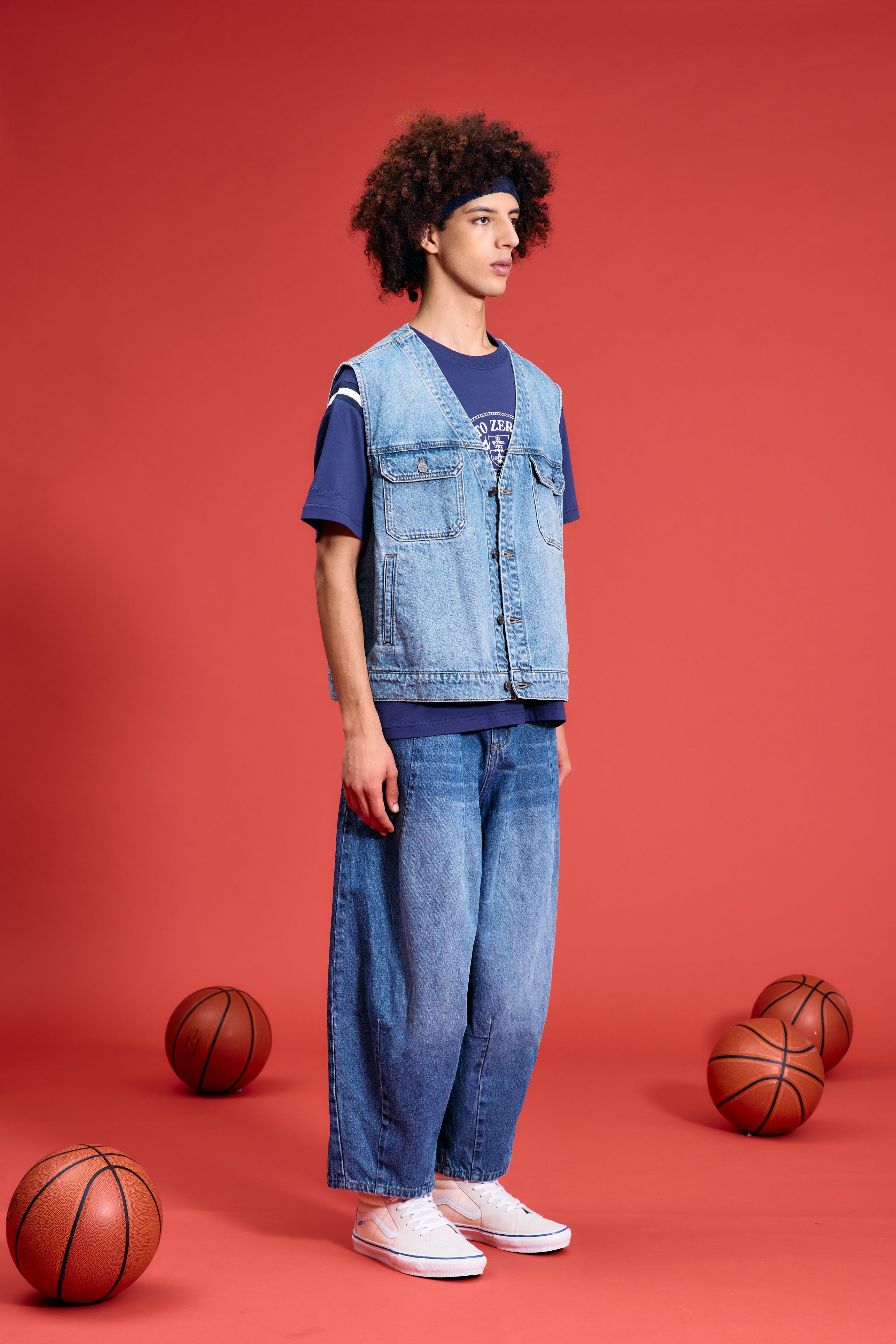 TO ZERO 'NOT A JEANS' LEATHER PATCH V-NECK DENIM GILET
