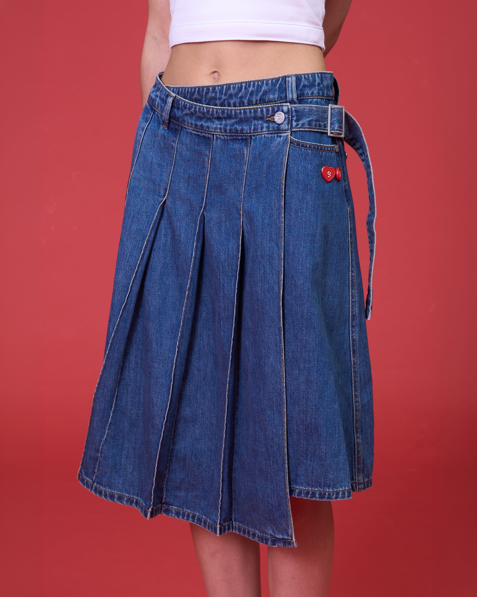 'WRAP IT TO GO' PLEATED DENIM SKIRT (WASHED BLUE)