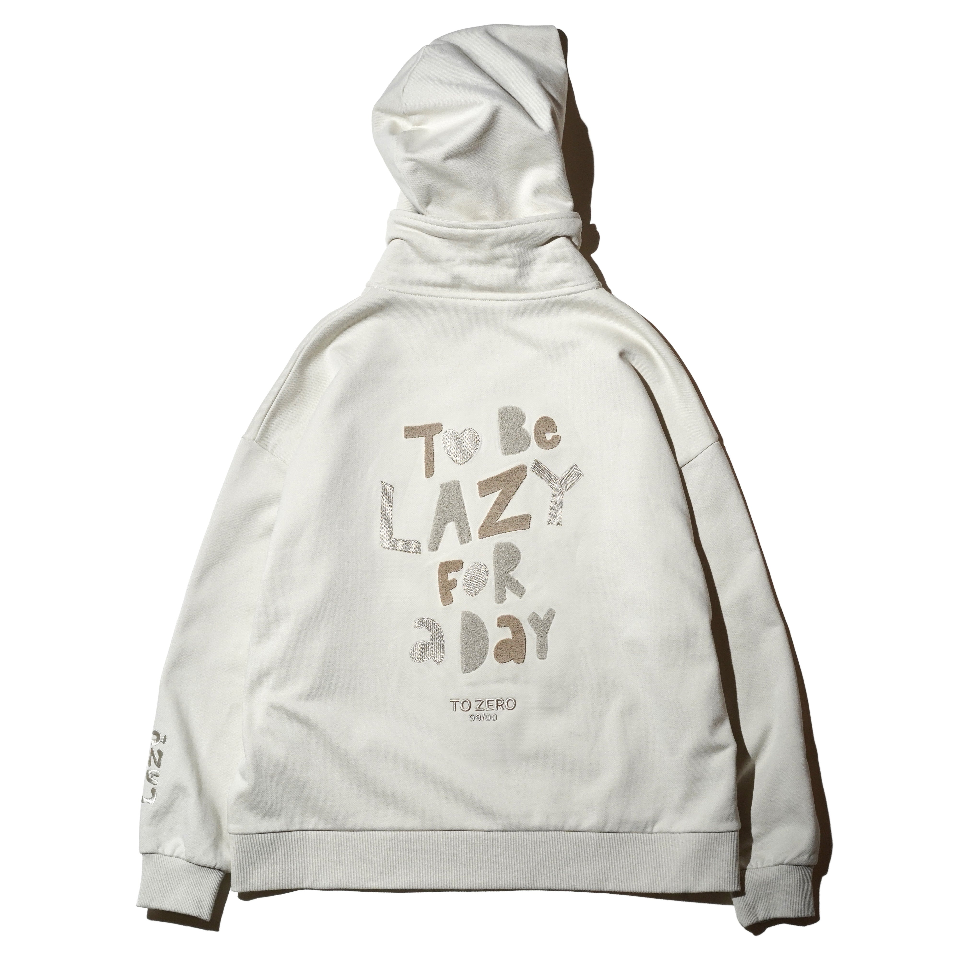 'TO BE LAZY FOR A DAY' EMBROIDERY ZIP UP HOODIE (LIGHT BEIGE)