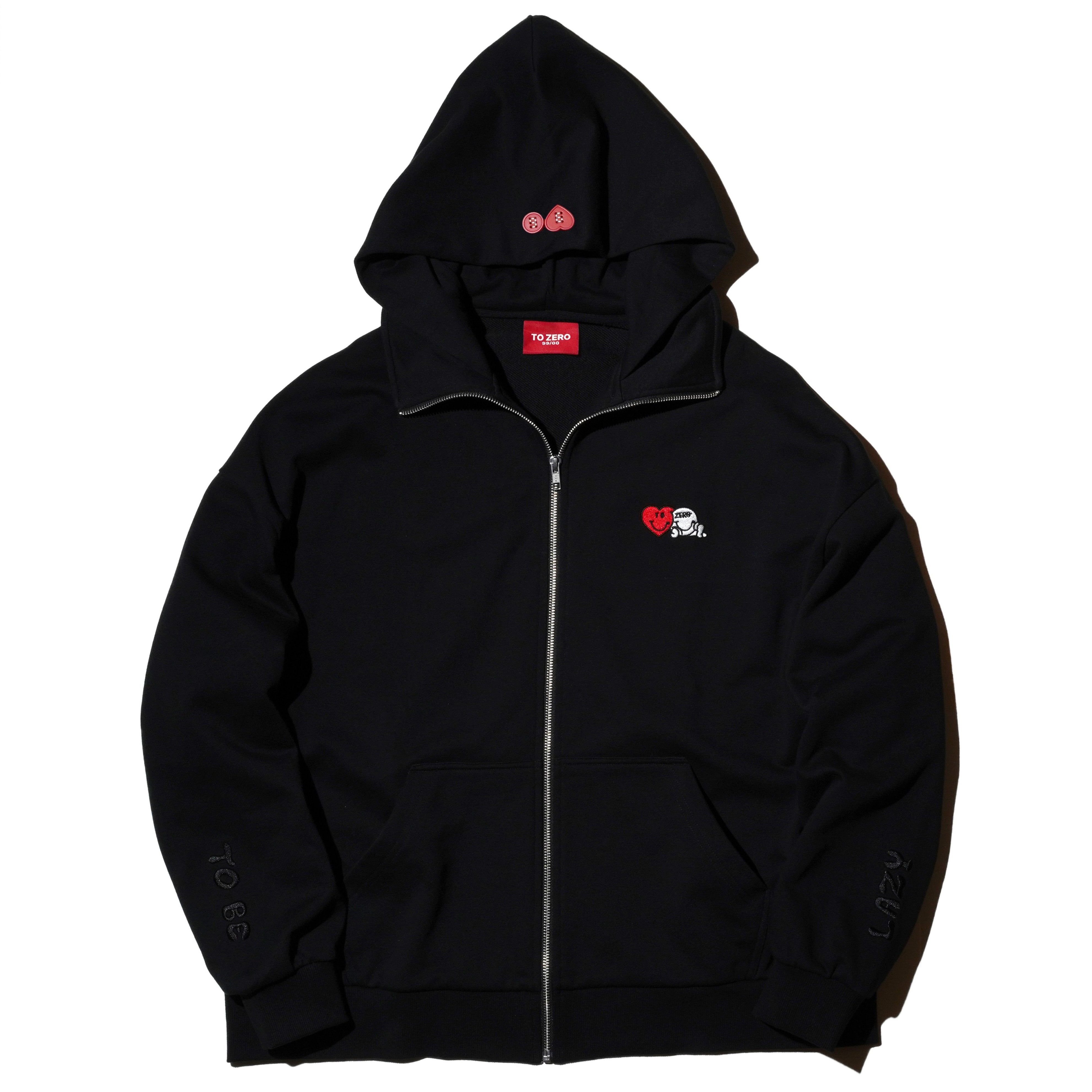 'TO BE LAZY FOR A DAY' EMBROIDERY ZIP UP HOODIE (BLACK)