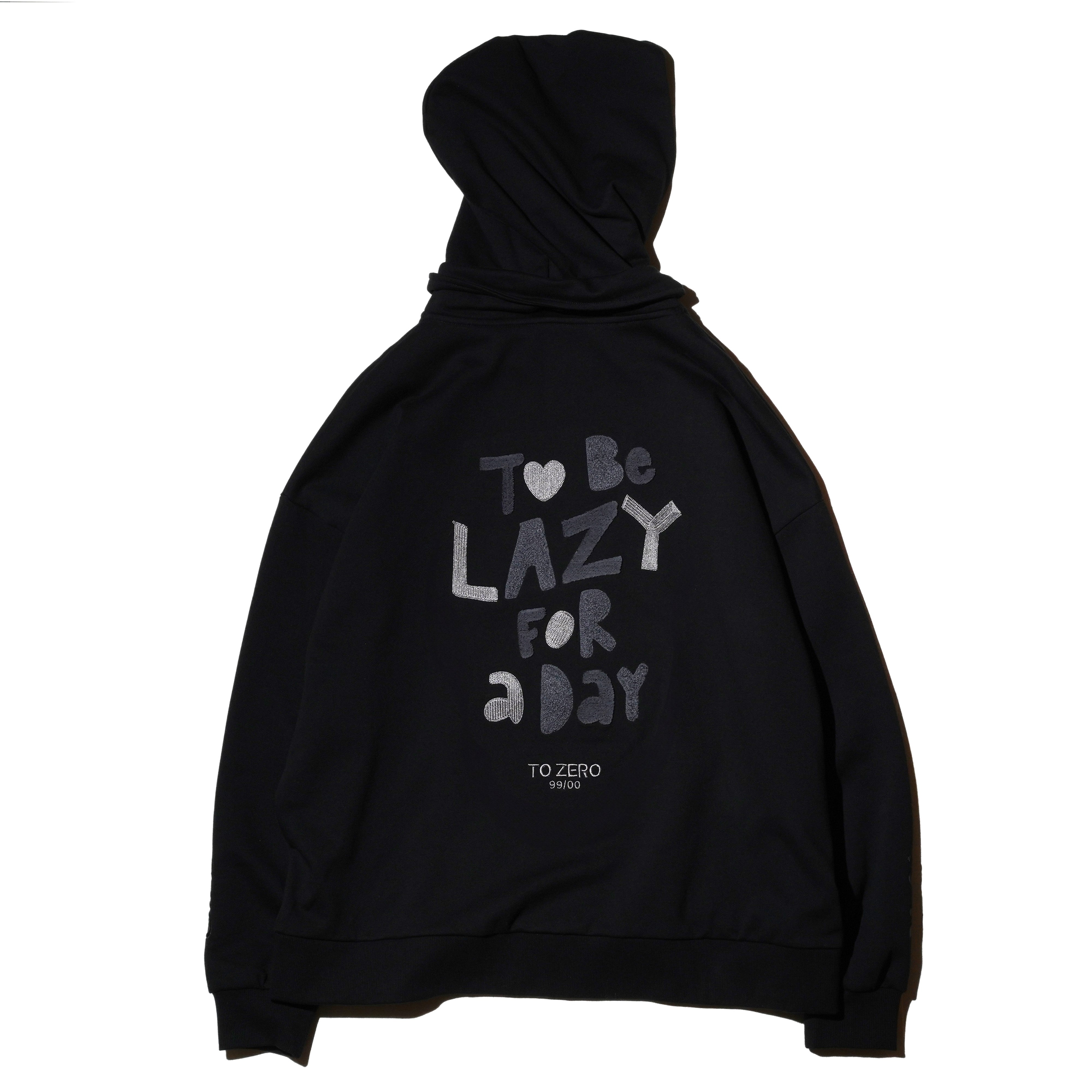 'TO BE LAZY FOR A DAY' EMBROIDERY ZIP UP HOODIE (BLACK)