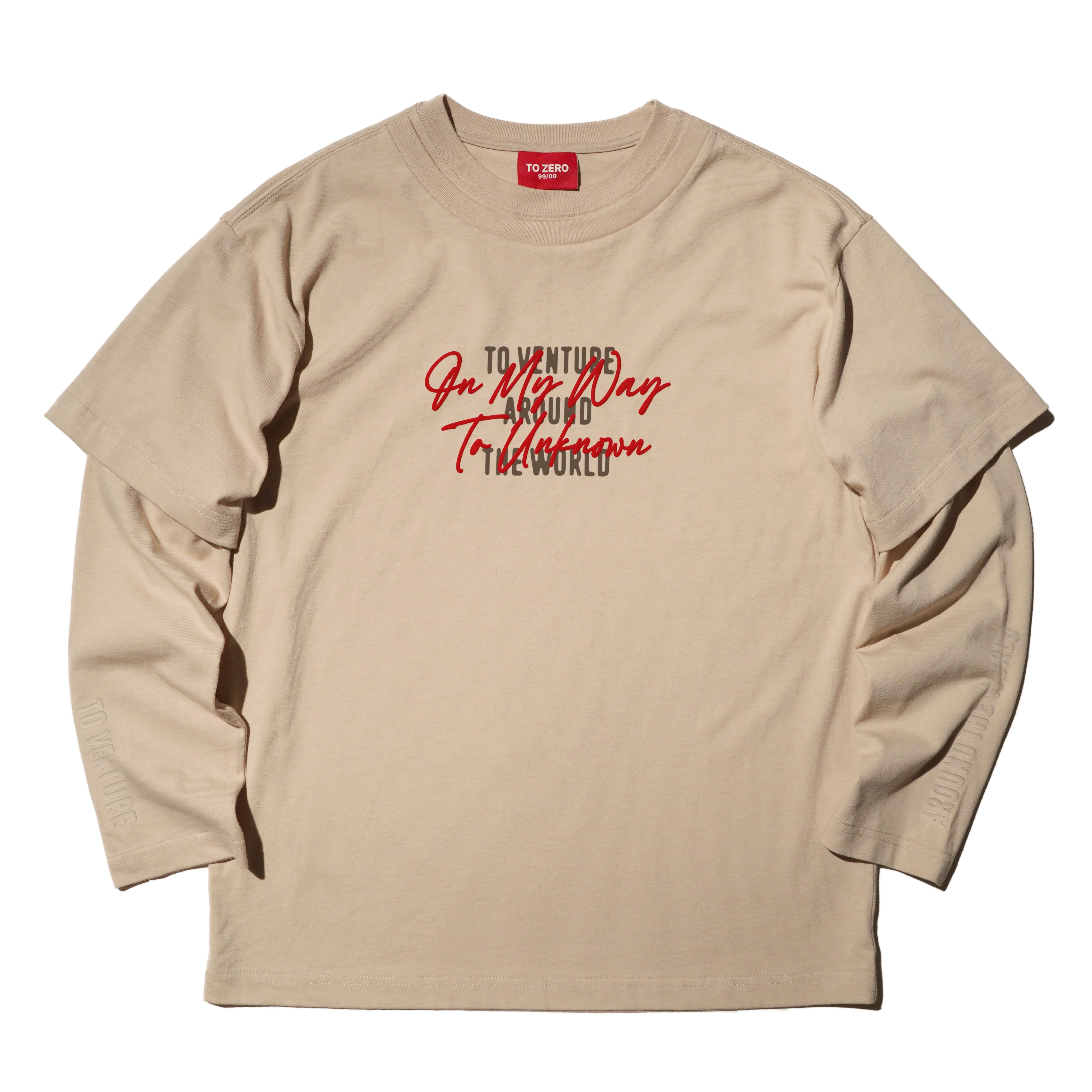 'ON MY WAY TO UNKNOWN' LAYERED LONG SLEEVE T-SHIRT (BEIGE)