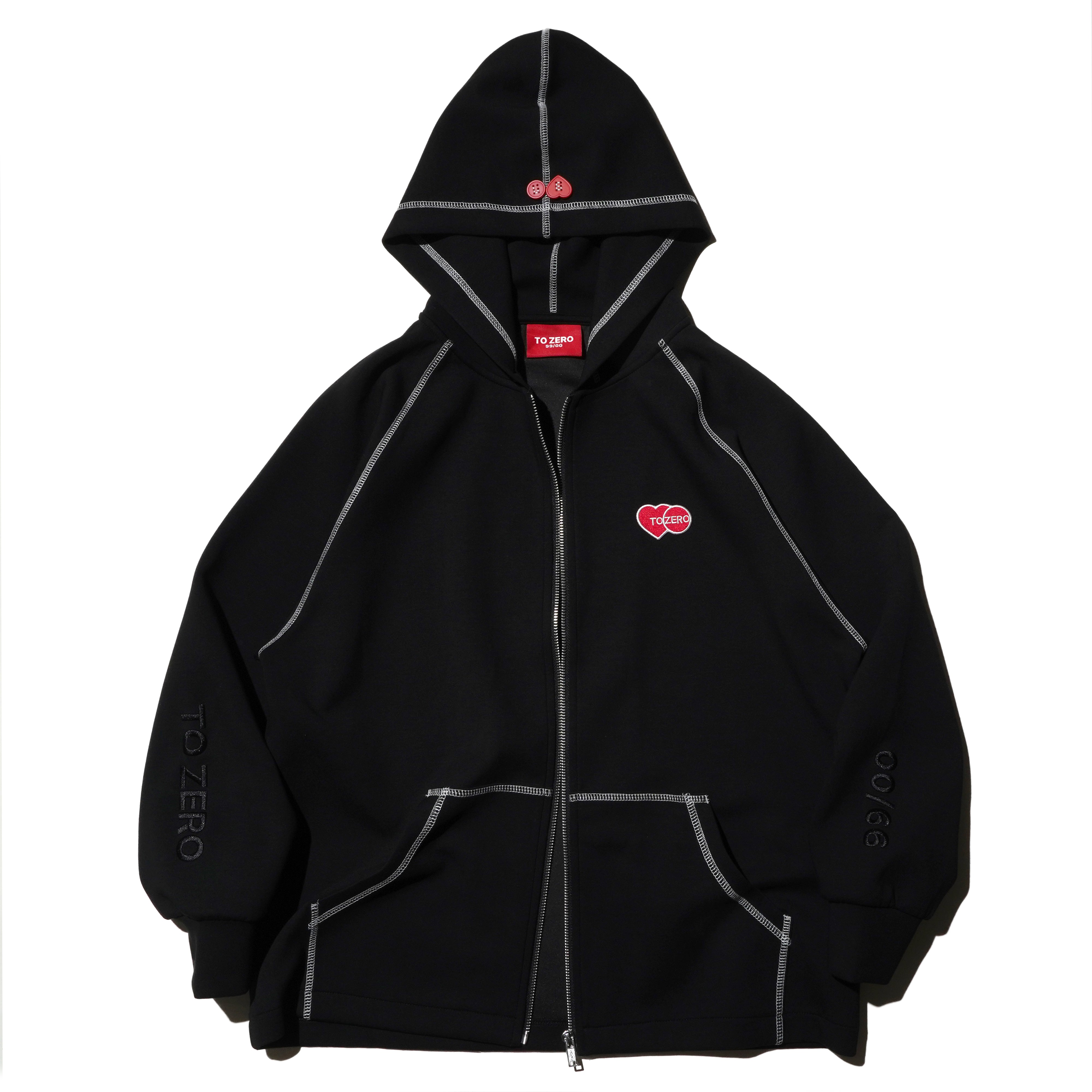 TO ZERO CONTRAST STITCH ZIP UP HOODIE BLACK