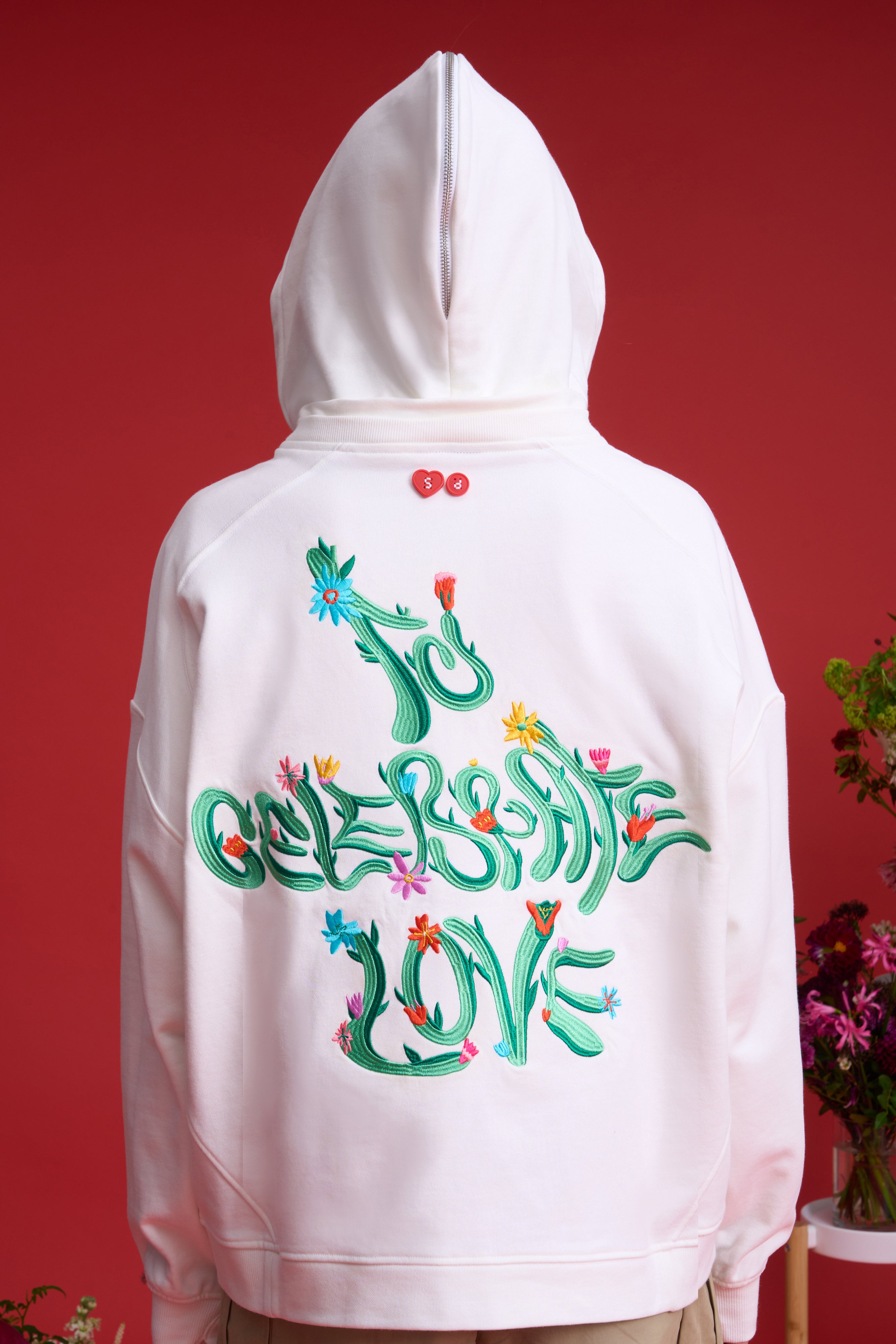 TO ZERO 'Gardener' EMBROIDERED ZIP-UP HOODIE (WHITE)