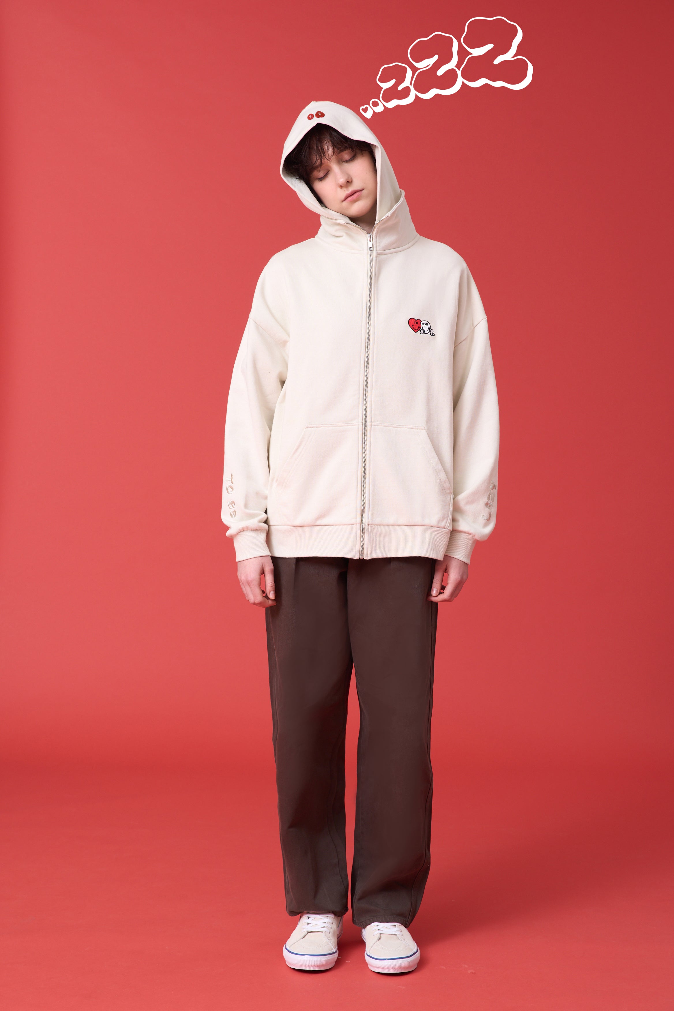 'TO BE LAZY FOR A DAY' EMBROIDERY ZIP UP HOODIE (LIGHT BEIGE)