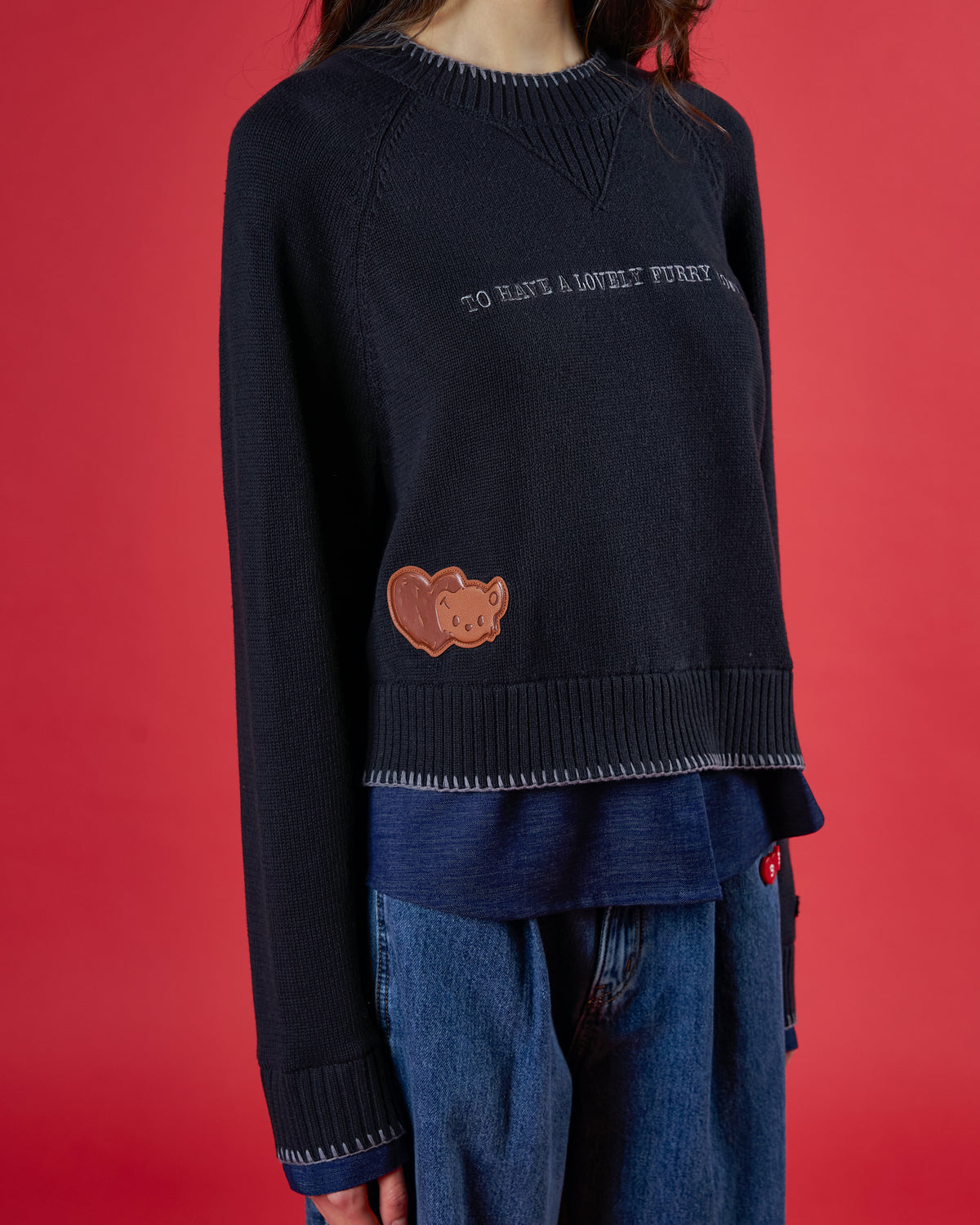 'FURZY COZY KOTO' LAYERED KNIT SWEATER (BLACK)